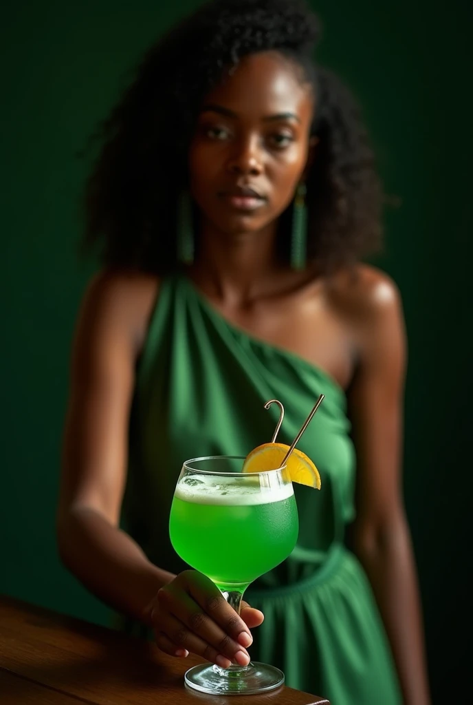 A woman at a night party, sitting at the bar, wearing a green party dress. She has feminine yellow-brown eyes, tanned and detailed brown skin, a large and beautiful bust, long red hair and a serious face with a thin chin. The scene features dramatic lighting, a cinematic composition, a dark palette, party lights, dark colors and atmospheric haze. The woman is beautiful and very gorgeous, portrayed as an adult in an ultra-realistic and ultra-detailed way (Best quality, 4K, 8K, Hi-Res, Art: 1.2), with a realistic and photorealistic appearance (Photorealistic: 1.37)."