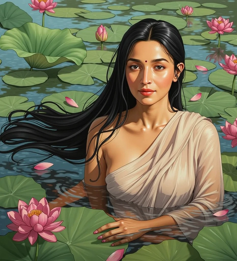 traditional Indian painting, a girl, straight black hair, naked, standing on lotus flower