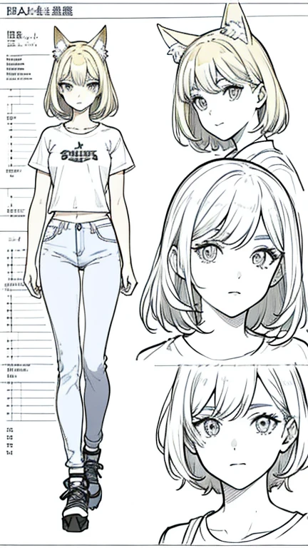 (masterpiece, best quality) detailed, girl, drawing reference, reference, lineart, sketch, Crop tops and short shorts, hips, short hair, leg tattoo (character design sheet, same character, front, side, back)