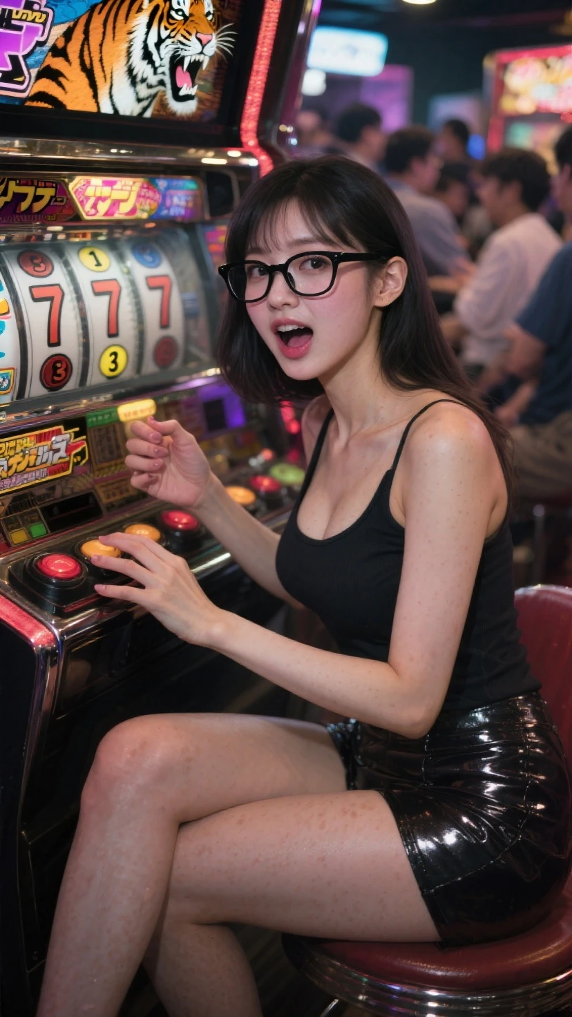 masterpiece, 8k, lifelike photograph, ultra high quality, best quality, ray tracing, face close-up, from above, medium breasts, under boobs, big round glasses, without makeup, detailed eyes, light brown thin eyebrows, light blue eyes, light pink lips, short smile, stunning cute 12 years old american white girl, baby face, oily skin, wearing a ivory jacket over a yellow bikini, ultra detailed face, light brown ponytail hair with bangs, playing arcade game in amusement arcade