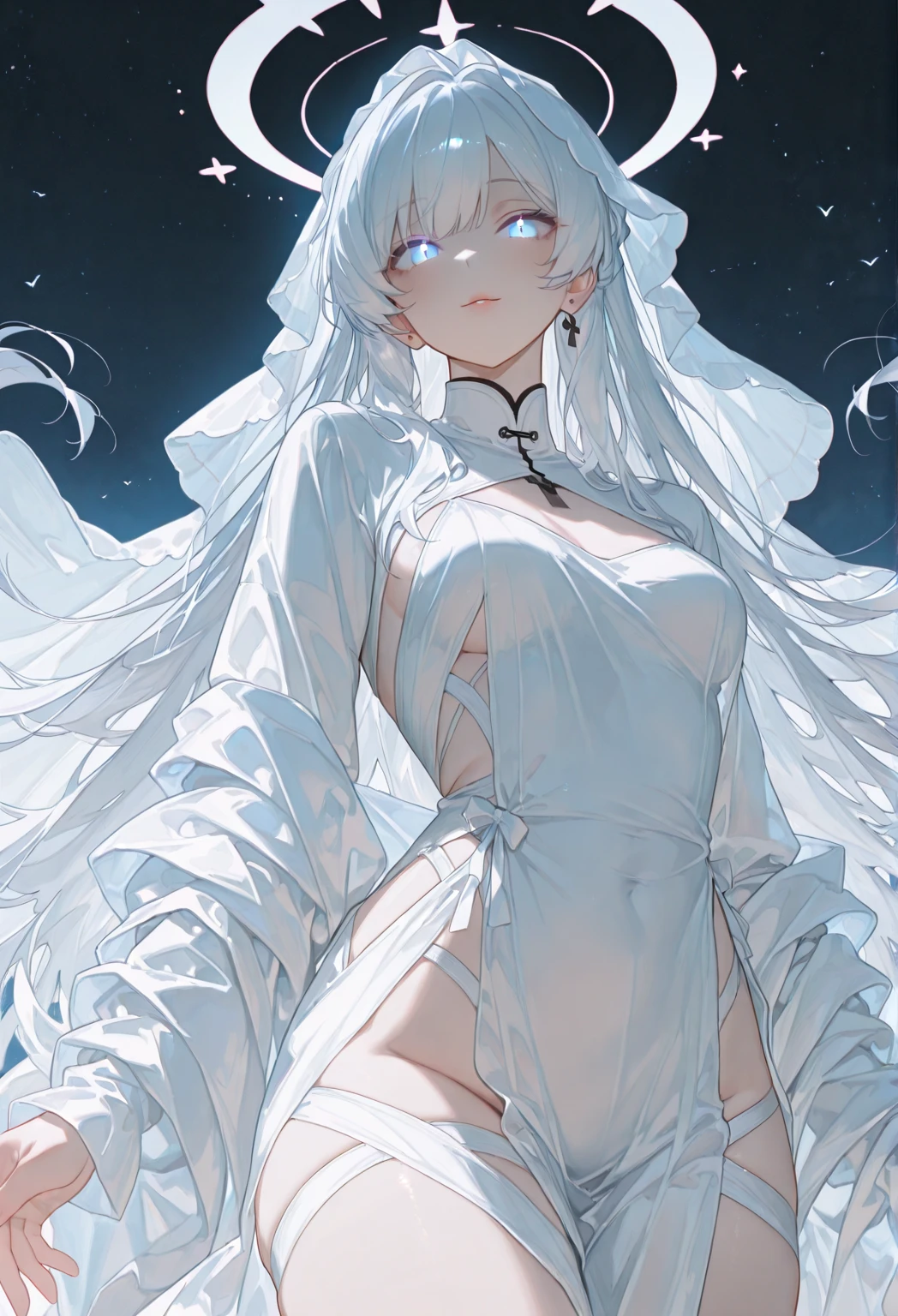 (Fraction_9,Fraction_8_Direction_7_up),1 Girl,beautiful_Face,White eyes，Hyuga Hinata，White hair，Big breasts，whole body，Bare thighs，Standing posture