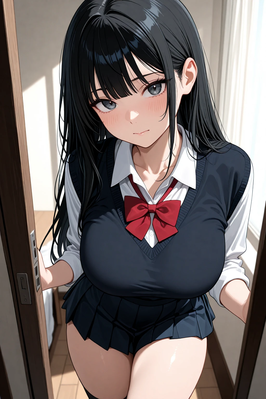 (Masterpiece, Best quality, Anime:1.3), school girl, brown skin, seductive look, shy, has a deep secret, Gigantic boobs, viewer_pov, puuzaki puuna