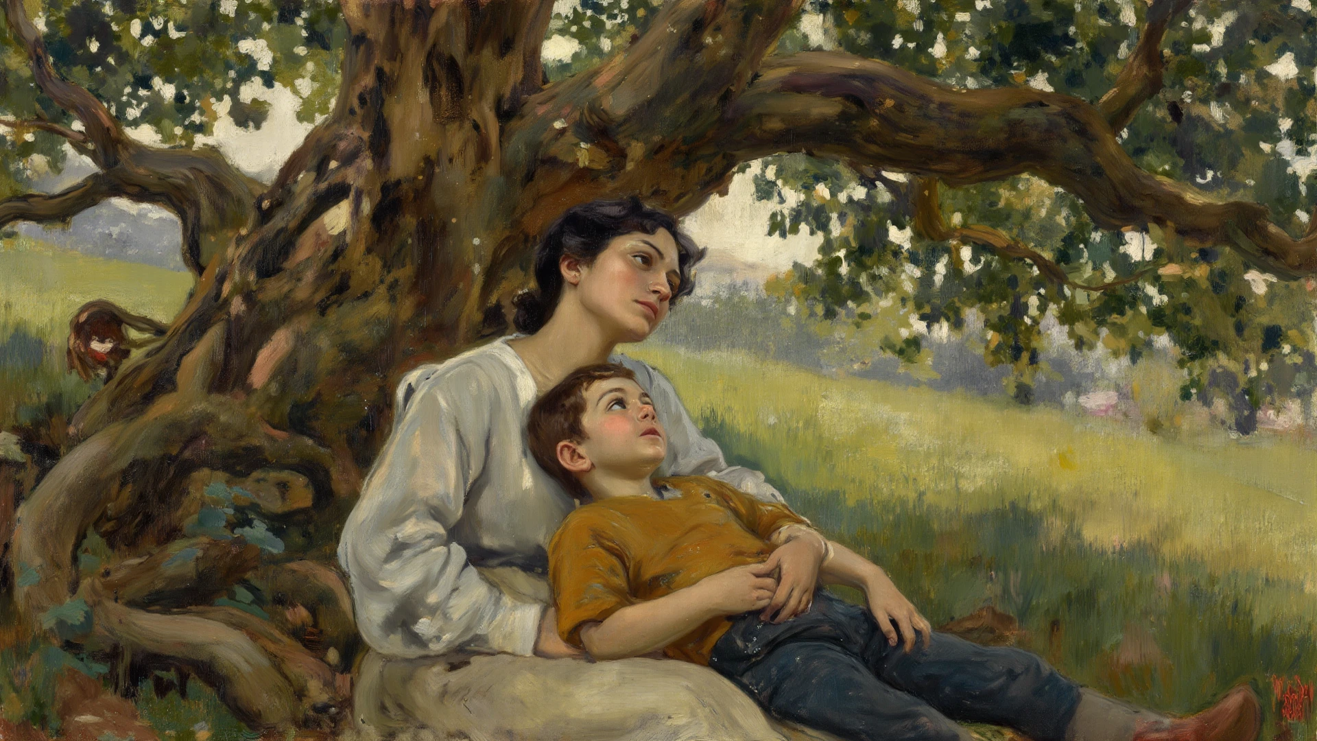 In a tender digital illustration, a young mother sitting on a grassy hill, hugging his son on his lap while watching the sunset together. Inspired by the emotional artwork of Norman Rockwell, capture moments of love and family connection. The color palette is warm and earthy., echoing the hues of the setting sun. The mother's face is sweet and serene., while the child's expression is filled with confidence and affection. Golden hour lighting bathes the scene, infusing it with a gentle, nostalgic glow