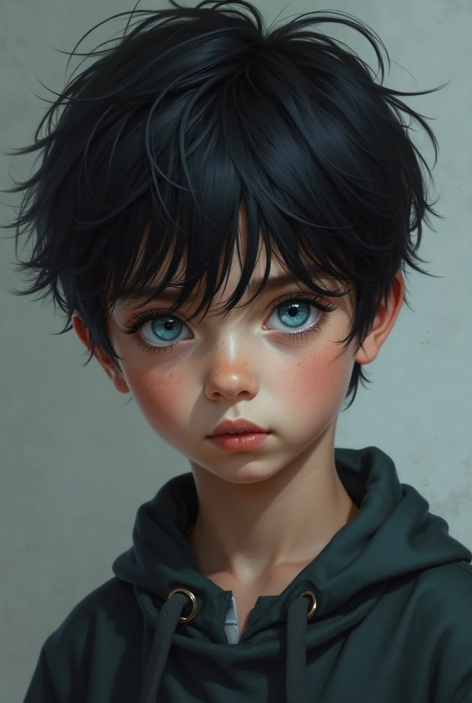 A  boy , brown and black hair, blue eyes , White skin , a black sweatshirt and curly hair, parts 
