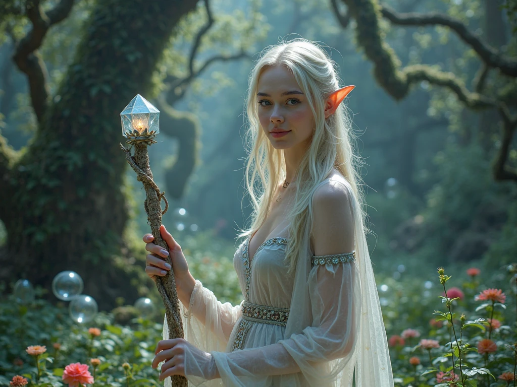 ((fashion photography)), perfect face, perfect eyes, (medium full shot) of (mystical elf) young female, tiny, high elf, fair skin, golden eyes, cascading waves hair, wearing a pearl white tapered elven dress , slipper-like elven footwear, moonstone ring, gold dust freckles, jeweled belt, set in Sprite Sanctuary, Hidden dell with a rustic wooden bench carved from a fallen log, a sparkling crystal fountain bubbling in the center, delicate butterfly chairs scattered around, luminescent glowworms lighting the path, a secret door leading to unseen wonders, in the moonlight, smiling at the viewer, masterpiece, best quality, photorealistic, very aesthetic