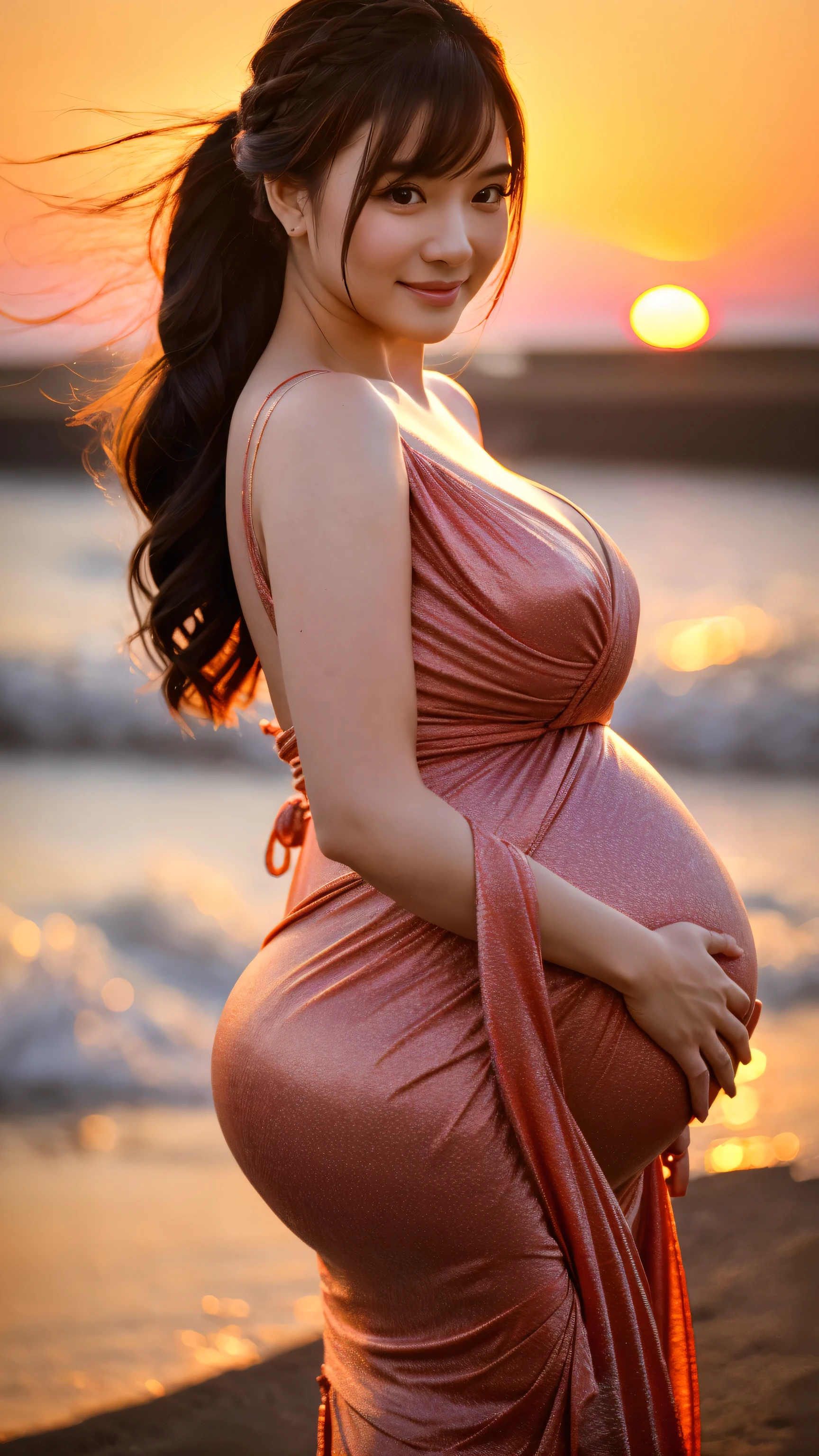 (High resolution photo, bust, 1 girl, 28 years old, woman, facial details, baby fat, pregnant, waist accessories, smile, showing less teeth, white skin, full body, pink dress, model pose, at the beach)