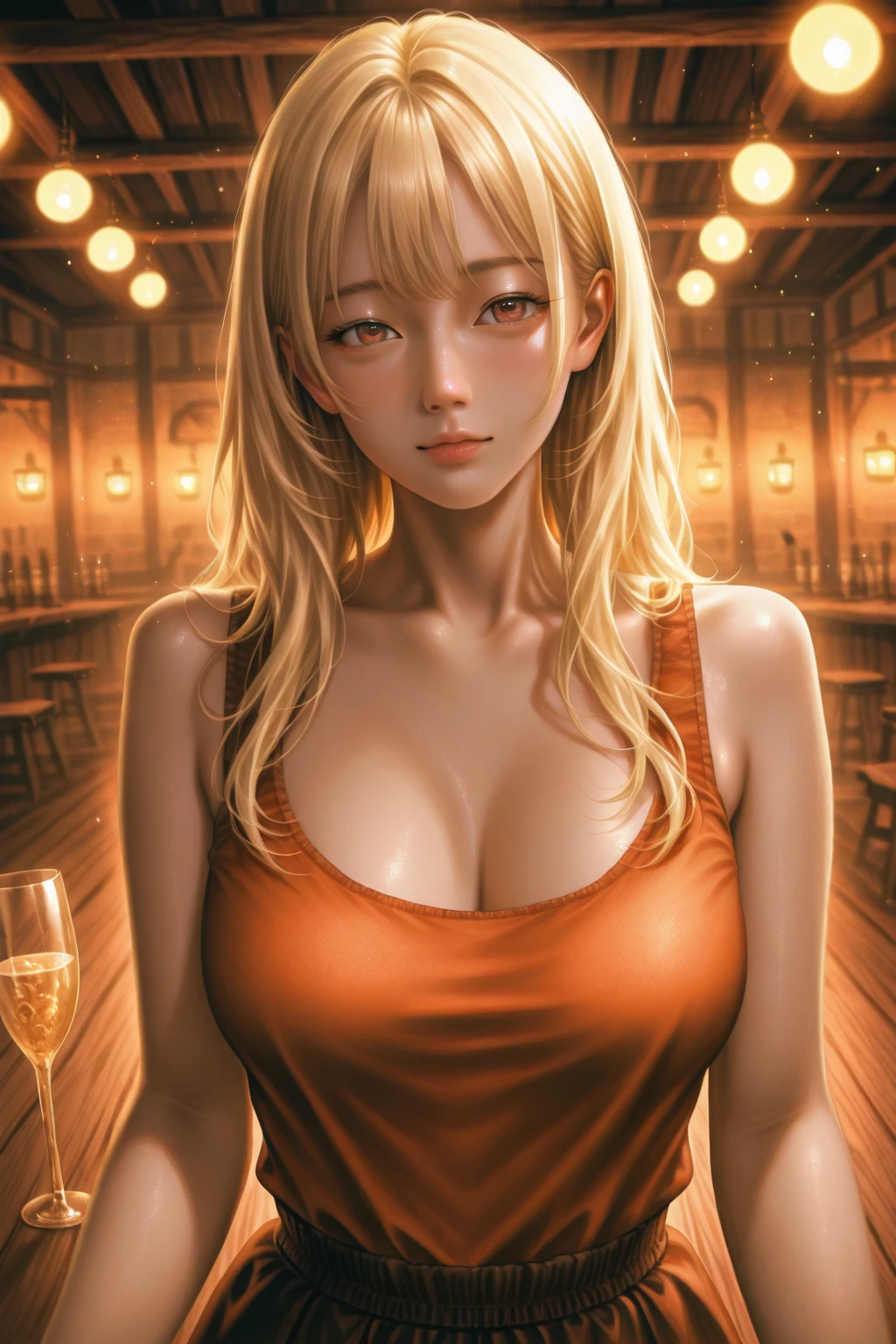 mark at forehead, shoulder-length blonde hair, light effect, soft, super clear, high-definition picture, (front), masterpiece, cinematic lighting, Tsunade hokage, orange eyes, blonde hair, 1girl, solo, looking at viewer, smile, large breast, open shoulder, gold long dress, beer can holding, gala dinner, friendly, drunk