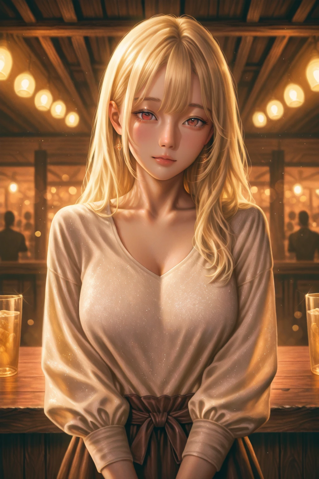 girl at a nightclub sitting at bar, eyeliner (masterpiece) (best quality) (detailed) (8k) (HDR) (wallpaper) (shiny skin) (sharp focus) (intricate) wavy blonde hair, biting lip, medium hair, slutty outfit, sexy, blush, aroused, cleavage, shiny , wet skin, girl, dark makeup, acting flirty, tucking hair behind ear, (sci fi environment, white and gold outfit)