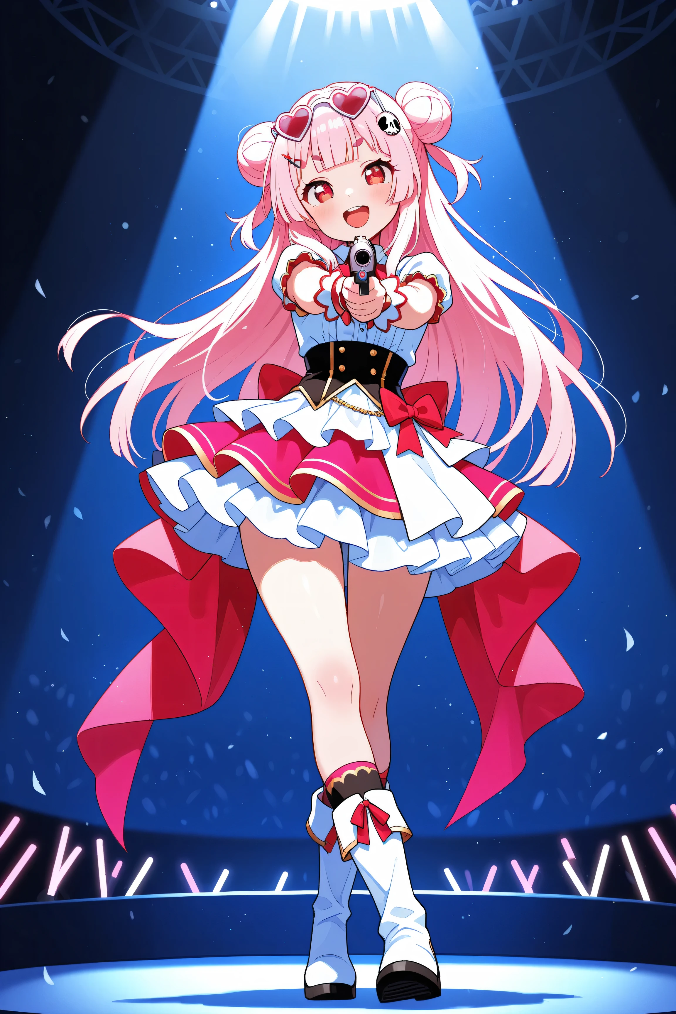 masterpiece, best quality, high resolution,4K, highly detailed, ultra detailed, ((detailed beautiful eyes)), full body, Alone, 1 girl, light pink hair, small double bun hair, half twin hair, long hair, hime cut, thin oval eyebrows, Red Eyes, ((bangs Panda face hairpin)), Idol costume, Miniskirt, Long boots, Mike on the right hand side, Colorful handgun in left hand, aiming here, Heart-shaped sunglasses, Singing, smile, open mouth, Concert stage, Dim interior, Spotlight