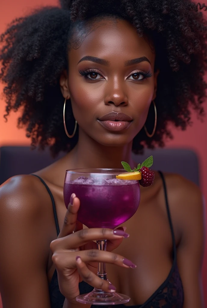 Woman holding a drink with glitter and pink pearlescent liquid, the American woman with black curly hair 