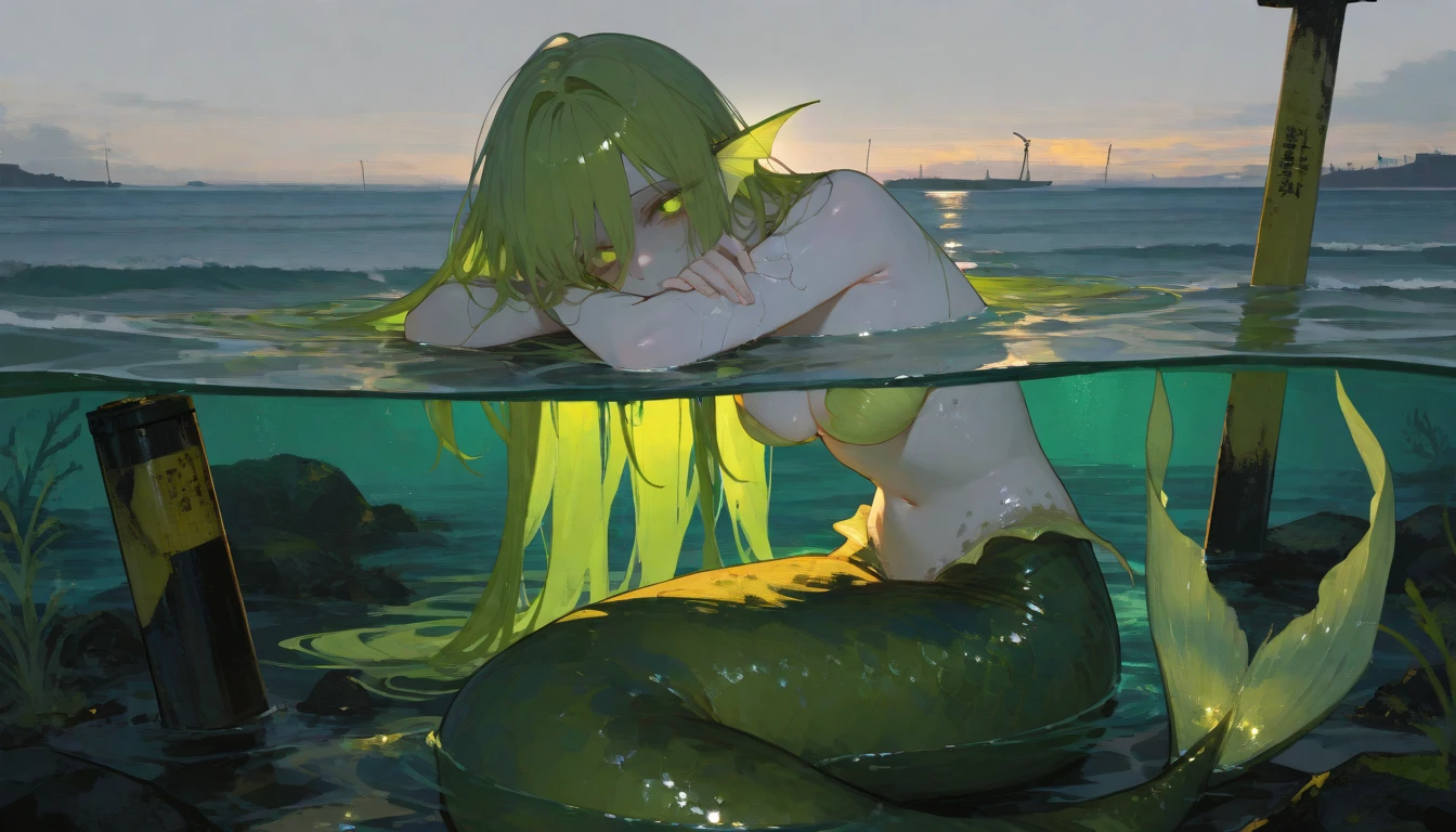 1girl, Undine, Water Spirit, Water nymph, body made of water,  blue body, see-through body, sitting on the stone, Sundown