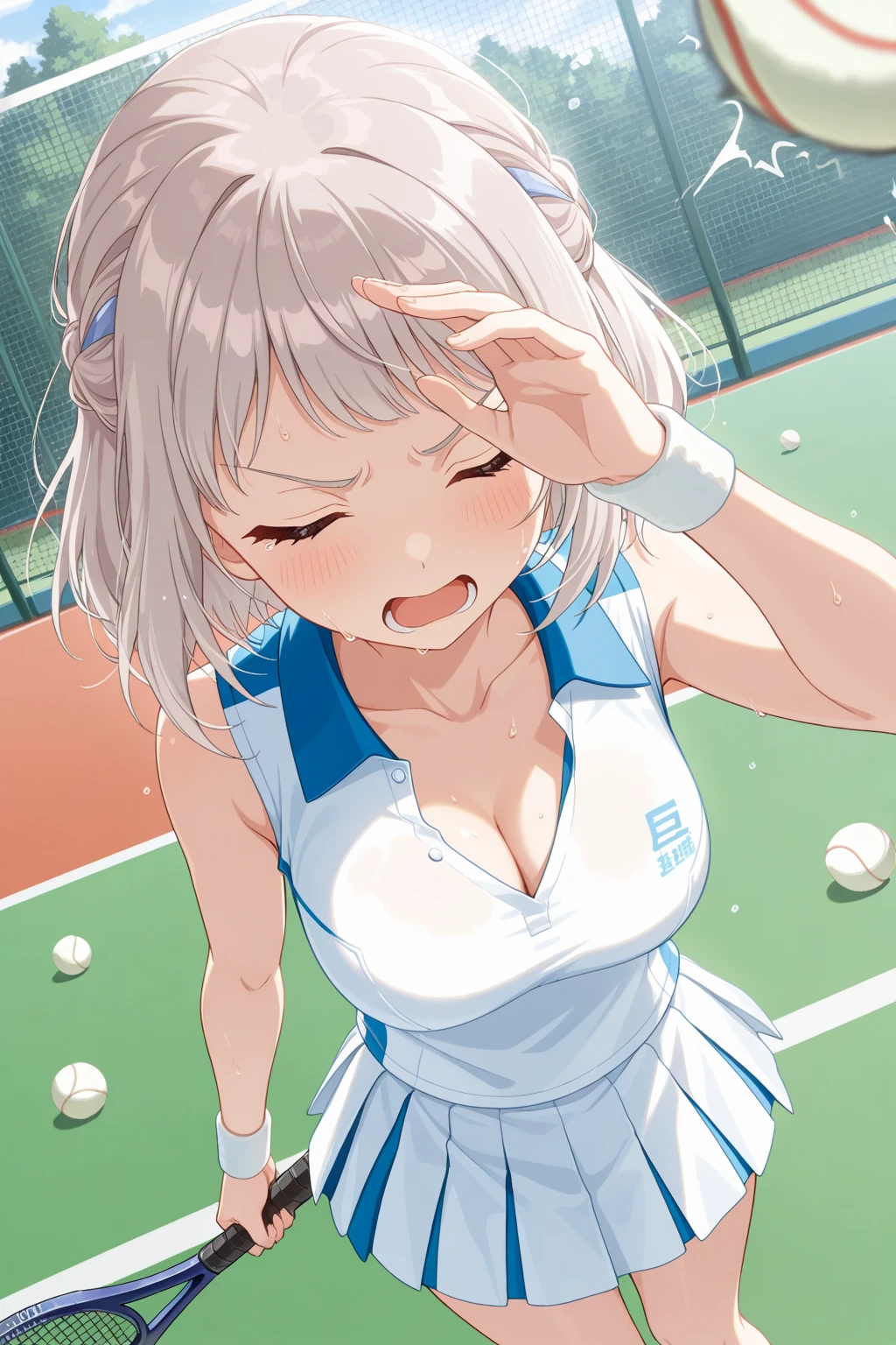 mastute piece,Best Quality,insanely detailed,8k cg,nsfw,
(shoot upper body:1.3),
(1girls:1.3),standing,looking at viewr,body in front,both arms behind back,(tennis uniform:1.3),(bare breasts:1.1),(bare nipples:1.1),
break,
blush,shy,(ecstasy face),(trembling:1.2),break,(light silver hair:1.2),
break,
perfect breasts,perfect teats,(open mouth:0.9),(large breasts:1.2),
(tennis court)、