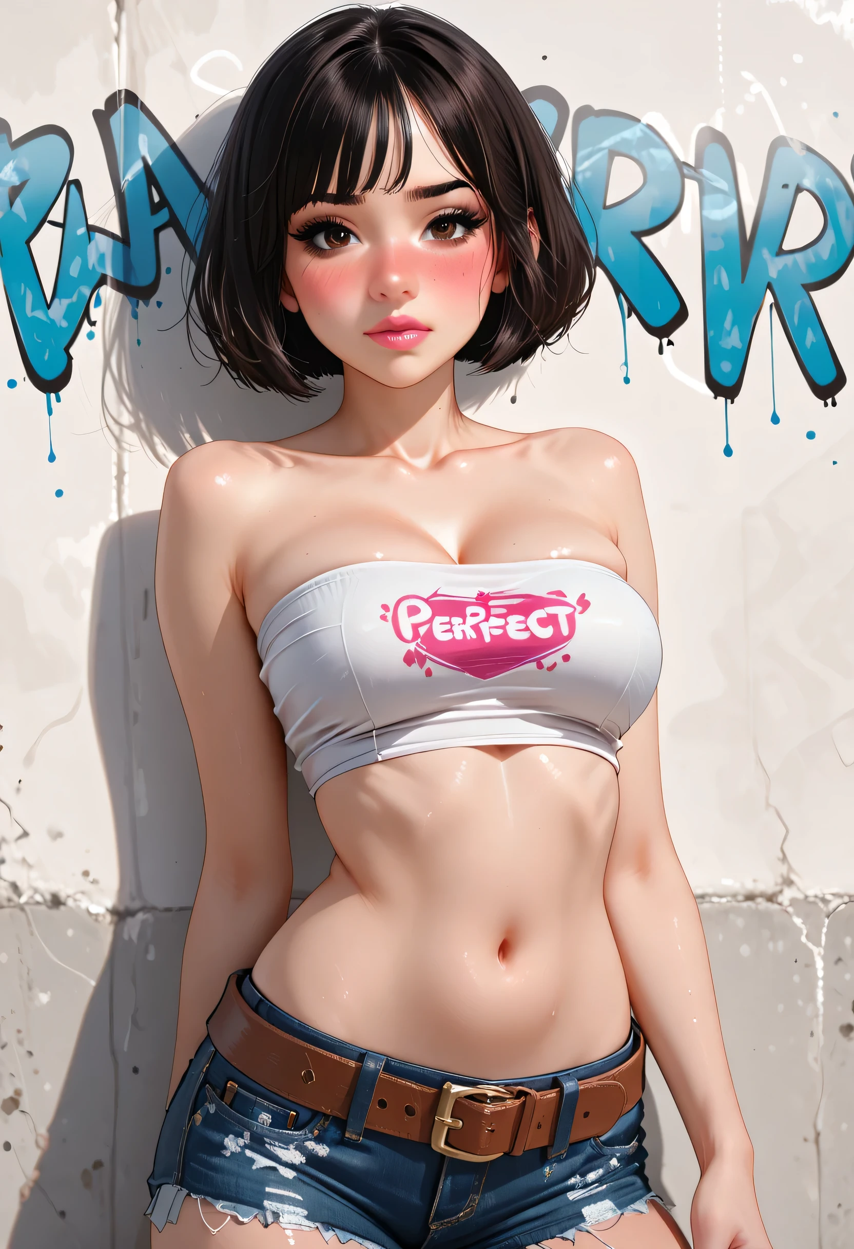 (Perfect Face, Perfect Body), Black Hair, Short Bob Hair, Black Thin Eyebrows, Dark Brown Eyes, Black Eyelashes, Black Eyeliners, Purple Eyeshadows, Nose, Blushing, Pink Lips, (Orgasmic Face), Collarbone, Cleavage, (Medium Breasts, Perfect Breasts), (Wearing A Tube Top, White Wearing A Tube Top), Navel, (Brown Belt, Short Shorts, Denim Jeans Short Shorts), Looking At Viewer, (White Wall With Graffiti Paint Name)