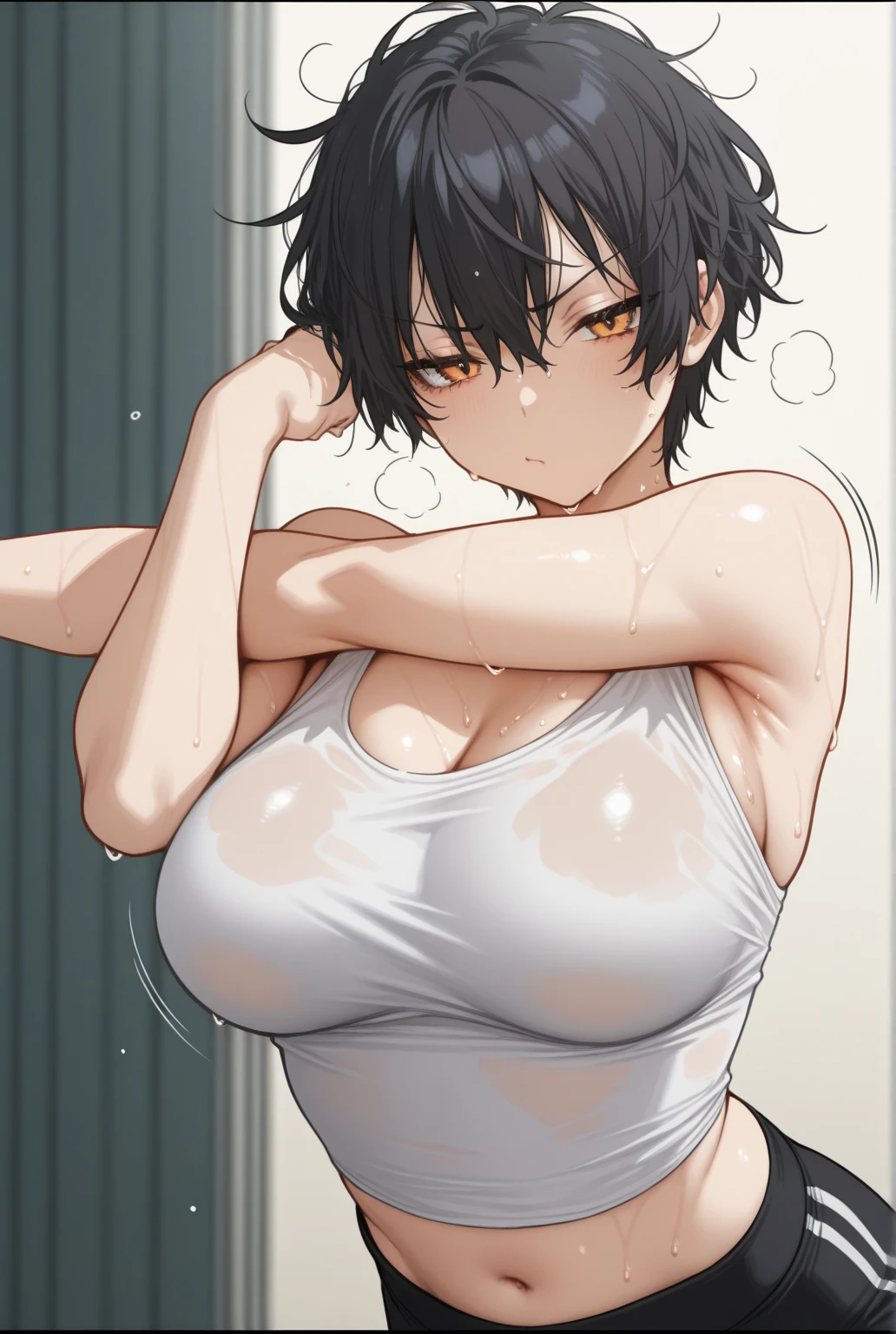 1girl, hmn1, Short hair, Black hair, Blue eyes, (an eye patch:1.1), 
BREAK nsfw, tank tops, short pants, blush, (sweat:1.2), (arms behind head, armpits), (top see through:1.2),
BREAK looking at viewer, (drawing only the upper body:1.3), close-up,
BREAK (masutepiece:1.2), Best Quality, High resolution, Unity 8k壁纸, (Illustration:0.8), (Beautiful detailed eyes:1.6), extra detailed face, Perfect Lighting, extremely details CG, (Perfect hands, Perfect Anatomy)