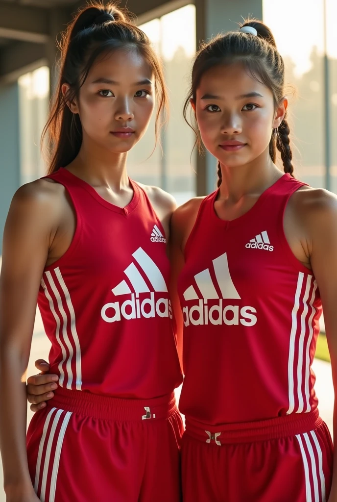 ((masterpiece, Best image quality, High resolution、solo、、Sleeveless track and field uniforms、Track and field athlete、High ponytail hairstyles、No good、Esbian all over、Laughter、smile、Shiny skin、Glowing Skin))、Sweaty face、Latina, Puberty, Sweaty、Red lipstick、Walk along the track of the athletic stadium、solo、On both hands and on the hips、I can see my belly button、((Thigh lift training))、((Run on the track))、(((Muscular body)))、((Sweaty uniform))、(((View the whole body)))