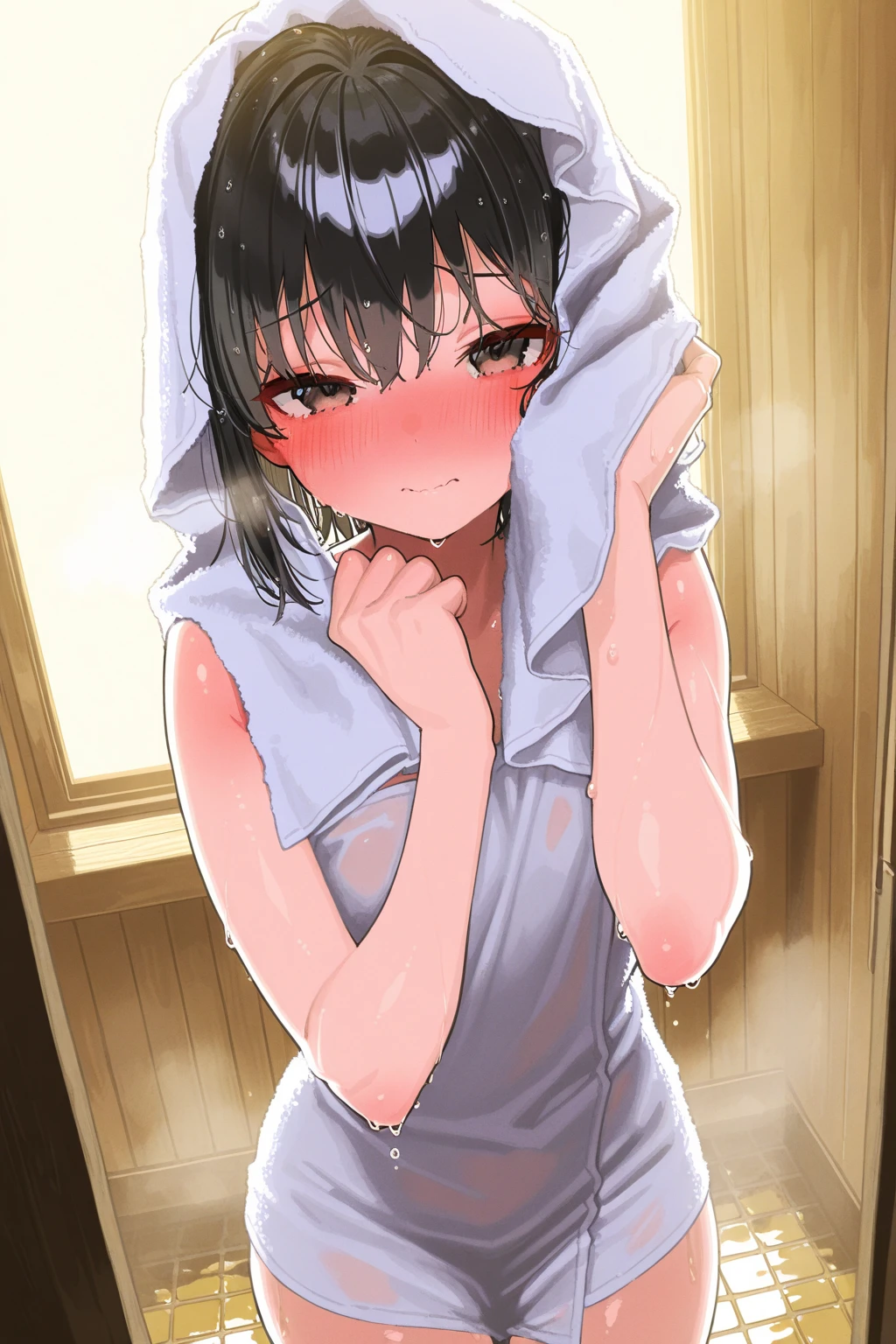 A tiny girl gives a blowjob to a man in a toilet stall, Happy expression, blush, Creampie, Grin