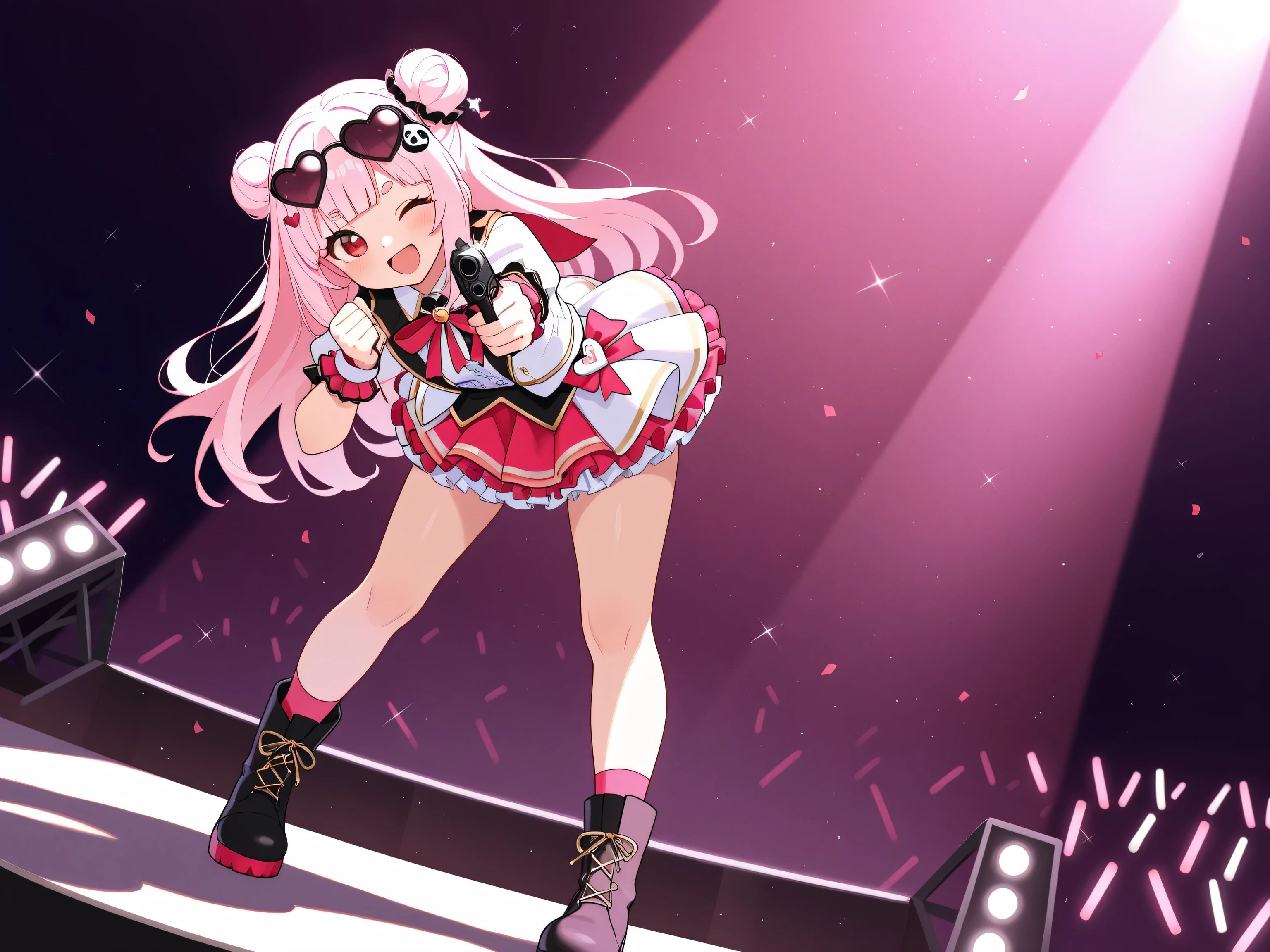 masterpiece, best quality, high resolution,4K, highly detailed, ultra detailed, ((detailed beautiful eyes)), full body, Alone, 1 girl, light pink hair, small double bun hair, half twin hair, long hair, hime cut, thin oval eyebrows, Red Eyes, ((bangs Panda face hairpin)), Idol costume, Miniskirt, Long boots, Mike on the right hand side, Colorful handgun in left hand, aiming here, Heart-shaped sunglasses, Singing, smile, open mouth, Concert stage, Dim interior, Spotlight