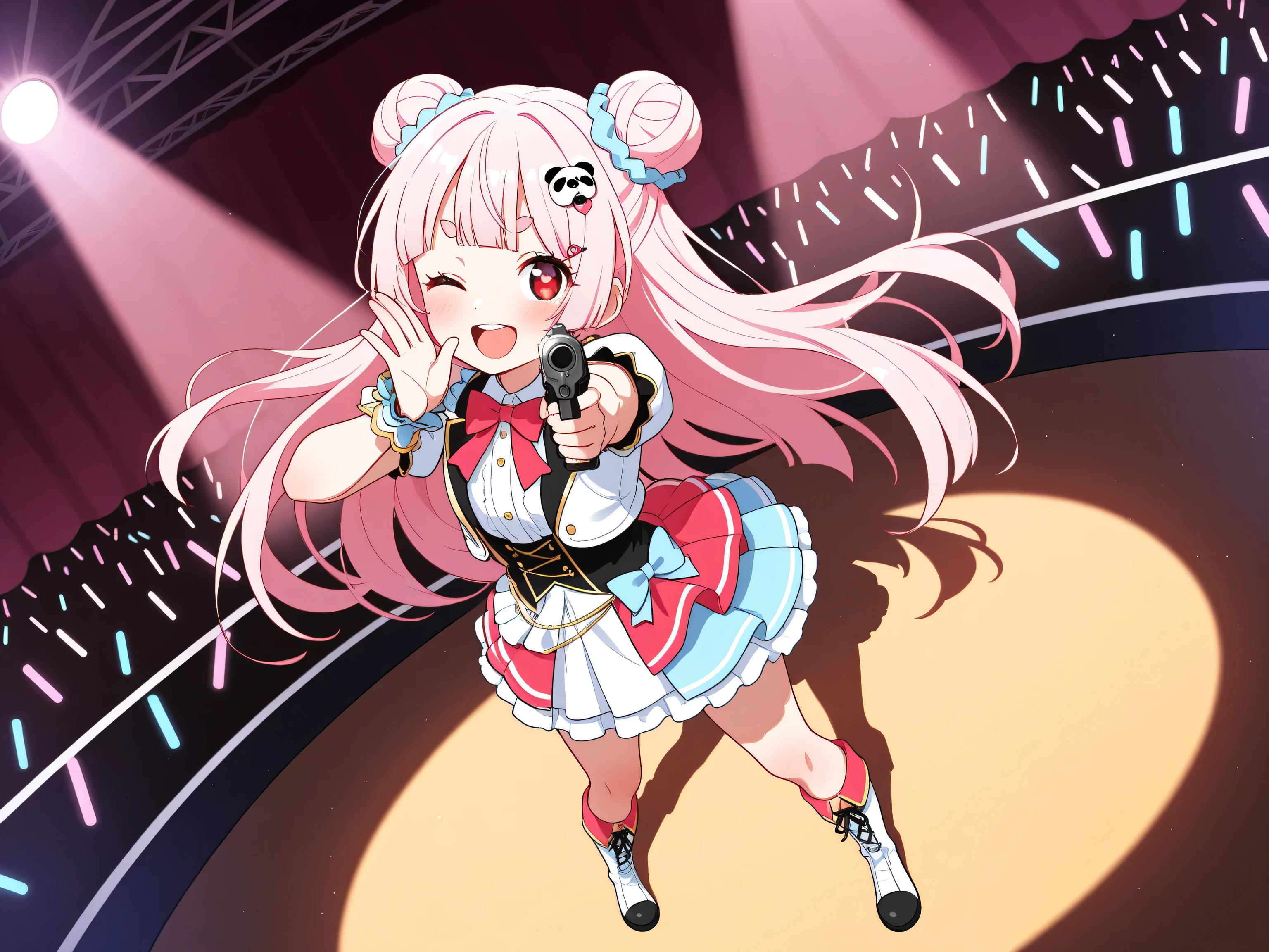 masterpiece, best quality, high resolution,4K, highly detailed, ultra detailed, ((detailed beautiful eyes)), full body, Alone, 1 girl, light pink hair, small double bun hair, half twin hair, long hair, hime cut, thin oval eyebrows, Red Eyes, ((bangs Panda face hairpin)), Idol costume, Miniskirt, Long boots, Mike on the right hand side, Colorful handgun in left hand, aiming here, Heart-shaped sunglasses, Singing, smile, open mouth, Concert stage, Dim interior, Spotlight