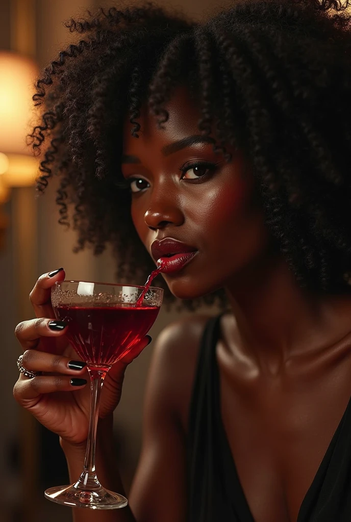 Black American woman, very sexy, style urbain et ultra tendance, light brown eyes in a small merchant video with a glass of wine