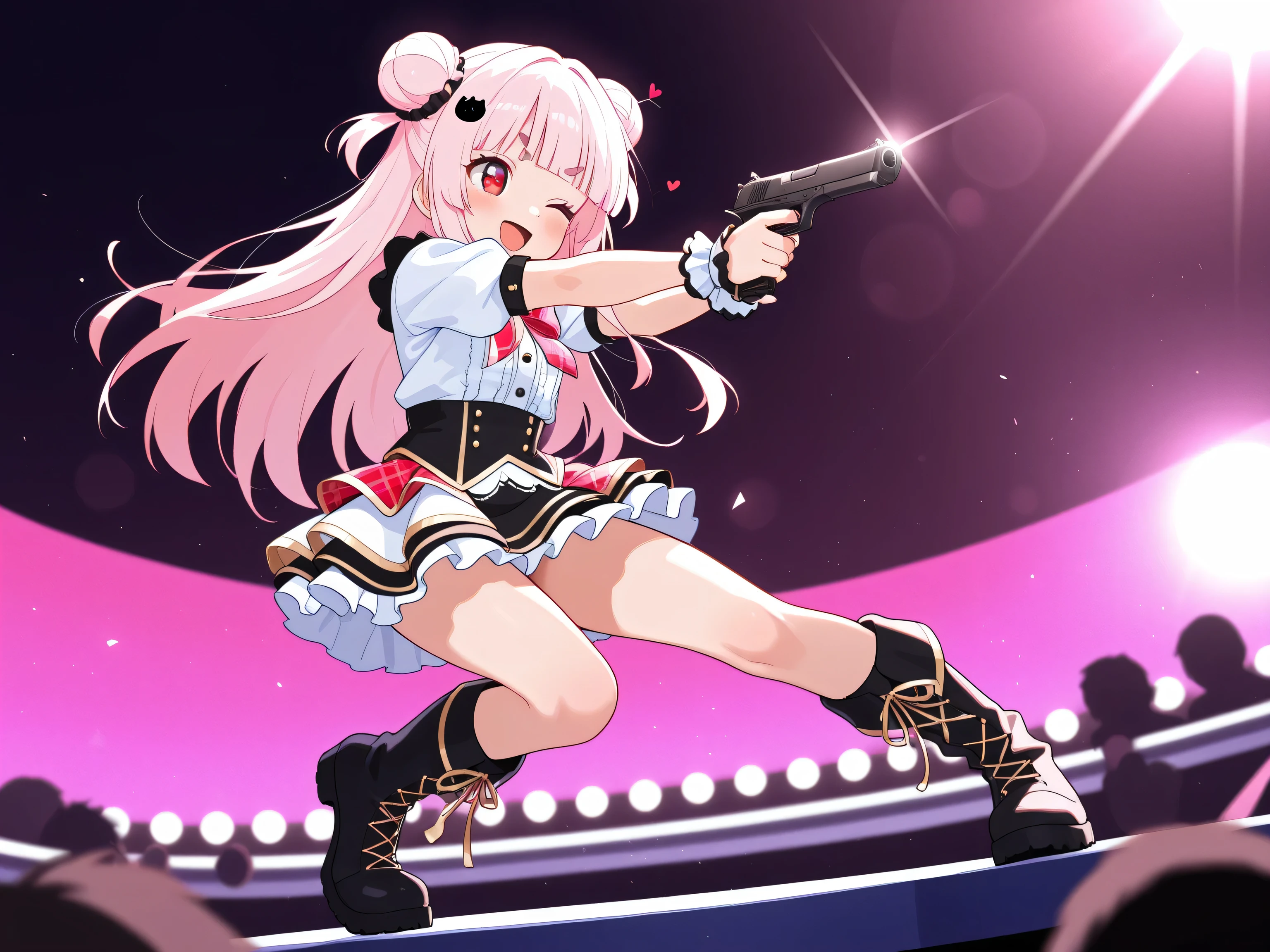 masterpiece, best quality, high resolution,4K, highly detailed, ultra detailed, ((detailed beautiful eyes)), full body, Alone, 1 girl, light pink hair, small double bun hair, half twin hair, long hair, hime cut, thin oval eyebrows, Red Eyes, ((bangs Panda face hairpin)), Idol costume, Miniskirt, Long boots, Mike on the right hand side, Colorful handgun in left hand, aiming here, Heart-shaped sunglasses, Singing, smile, open mouth, Concert stage, Dim interior, Spotlight