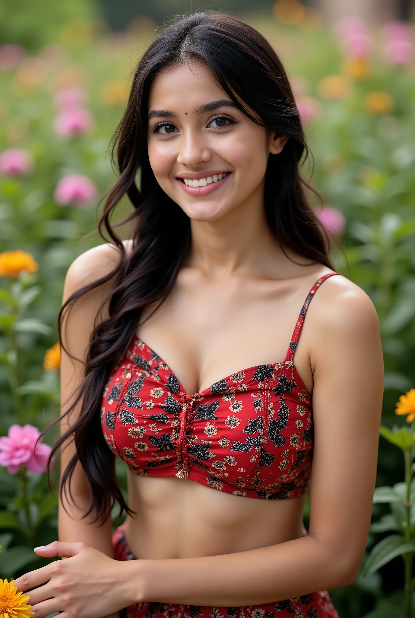anaswarasdxl, nabhanateshukohwx, full image of a 20 years old girl, smiling, perfect facial features, golden ratio, Indian skin tone, natural blush, vibrant makeup, midriff. She is wearing a Red & Black Floral Print Tie Shoulder Cami Top & short Skirt. Her hairs are dark, long, wavy and braided. Her eyes are detailed, bright, grey with long eyelashes. She is standing with crossed hands in a garden full of flower. Hyper realistic, natural lighting, ultra-detailed textures, cinematic color grading, 8K resolution, masterpiece.
