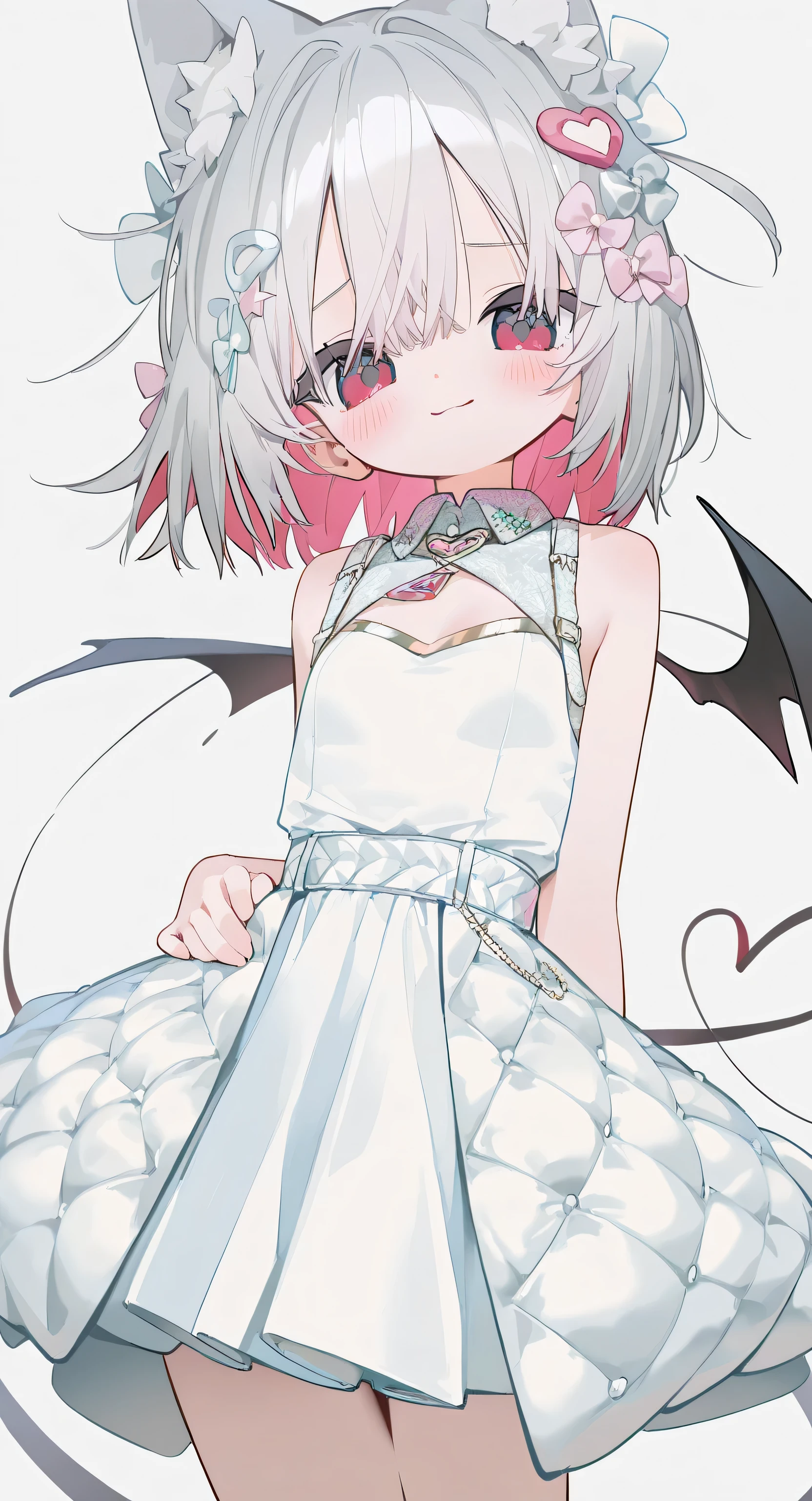 petite girl, clothed, small breasts, gray hair, pink inner hair, skirt, shy face, sleeveless clothes, detailed clothes decoration, ((luxurious clothes decoration)), kawaii clothes decoration 