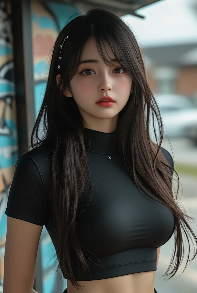 ((top quality, 8k, masterpiece: 1.3)), sensual woman, 1 girl, (slender figure: 1.2), dark brown hair, (outdoor, shirt, shorts: 1.1), ultra detailed face, detailed lips, detailed eyes, double eyelids, (huge breasts: 1.2)