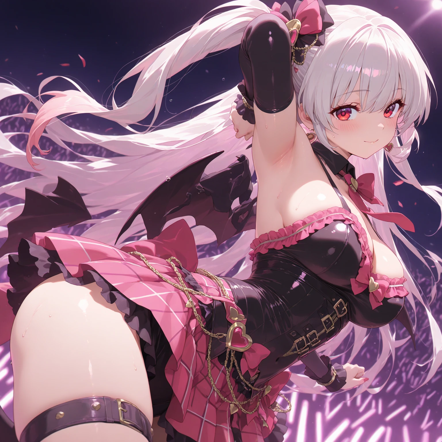absurderes、ultra-detailliert、masterpiece、top-quality、BREAK、Official art、(Beautifully Aesthetic:1.2)、(watercolor paiting:Curly)、BREAK、Devilish Pretty Girl 1.2、a beauty girl、(kawaii:⒈3)、sixteen years old、BREAK、((split-colored hair:1.4、Random hair color:1.4))、(variegated striped hair:1.4)、((Random hairstyle))Splash、(Hair mixed in random colors:1.2)、(フラクタルアート1.3)、BREAK、Cat's ears、A sexy、(Cat gloves、Fluffy hands)、BREAK、Like a cat's paw、Short socks、humanoide、BREAK、((Idol Costumes、Love Live Costume))BREAK、((heterochromia iridis、BREAK、Variegated eyes))、BREAK、From Side、Look at viewers、BREAK、((AI Concert:1.4))、BREAK、AI Live Stream、BREAK、Lighting with neon glow、Shyness、tension、red blush、Happy smiling face、BREAK、Professional stage、BREAK、profetional lighting、BREAK、(Stick your butt out and sing)、BREAK、Hold the microphone with your left hand and sing:1.2、(Cute Panty Shot Figure:1.4)、Cute embroidered string panties、AI Monitor