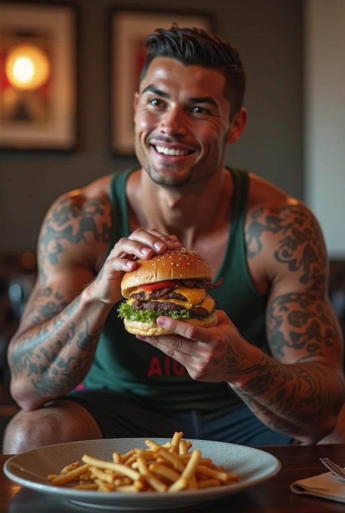 man with muscle, black hair staring, eating a big hamburger, on the beach, scantily clad
