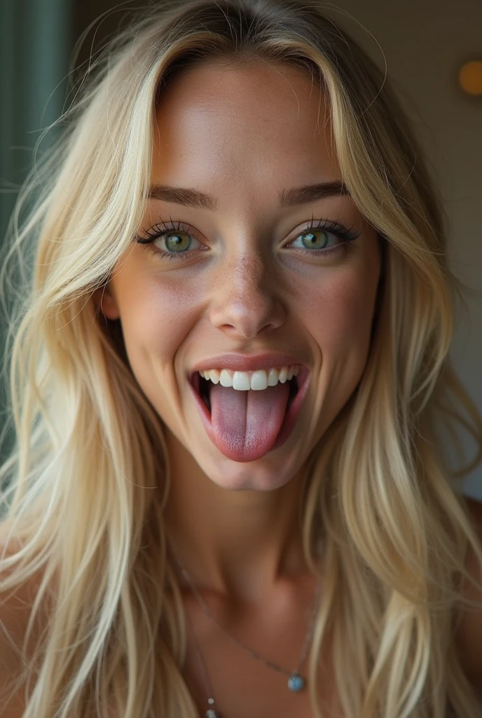 A young teen with long blonde hair is naked and sticking her tongue out