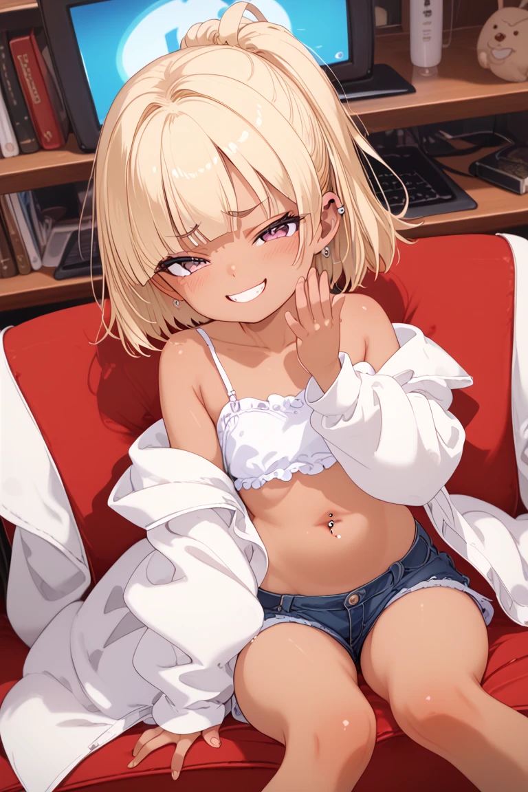 Little sister, cute bra, 8K, best quality, 12 years old, smile, looking at camera, red cheeks, embarrassed, delicate hands, love hotel, love brother, holding crotch with hand, clenching teeth, clear liquid leaking from crotch, blonde, gal, bob hair, glaring, happy,