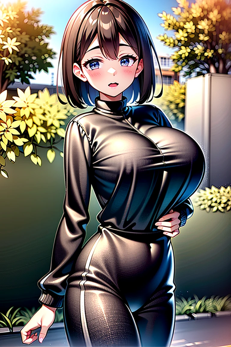 (be familiar with, masterpiece, highest quality, Complex),

cowboy shot, Kyoka Tachibana,

???????????, 
1 girl, alone, backyard、
cute eyes, beautiful face, perfect round ????, 
fit and body, female pervert,


alone, pale skin,
blue eyes, ((beautiful mature woman)),
White vertical rib mini sweater dress、

enchanting smile, naughty face, Sweat, vapor, embarrassed, blush, Excited, ((spoken heart, Lines、gasp, Sound effect))

Model Standing Pose, cover the ??????,
Snapshots in the city、Fashion magazine style、Street fashion magazine、Full body diagram、accessories