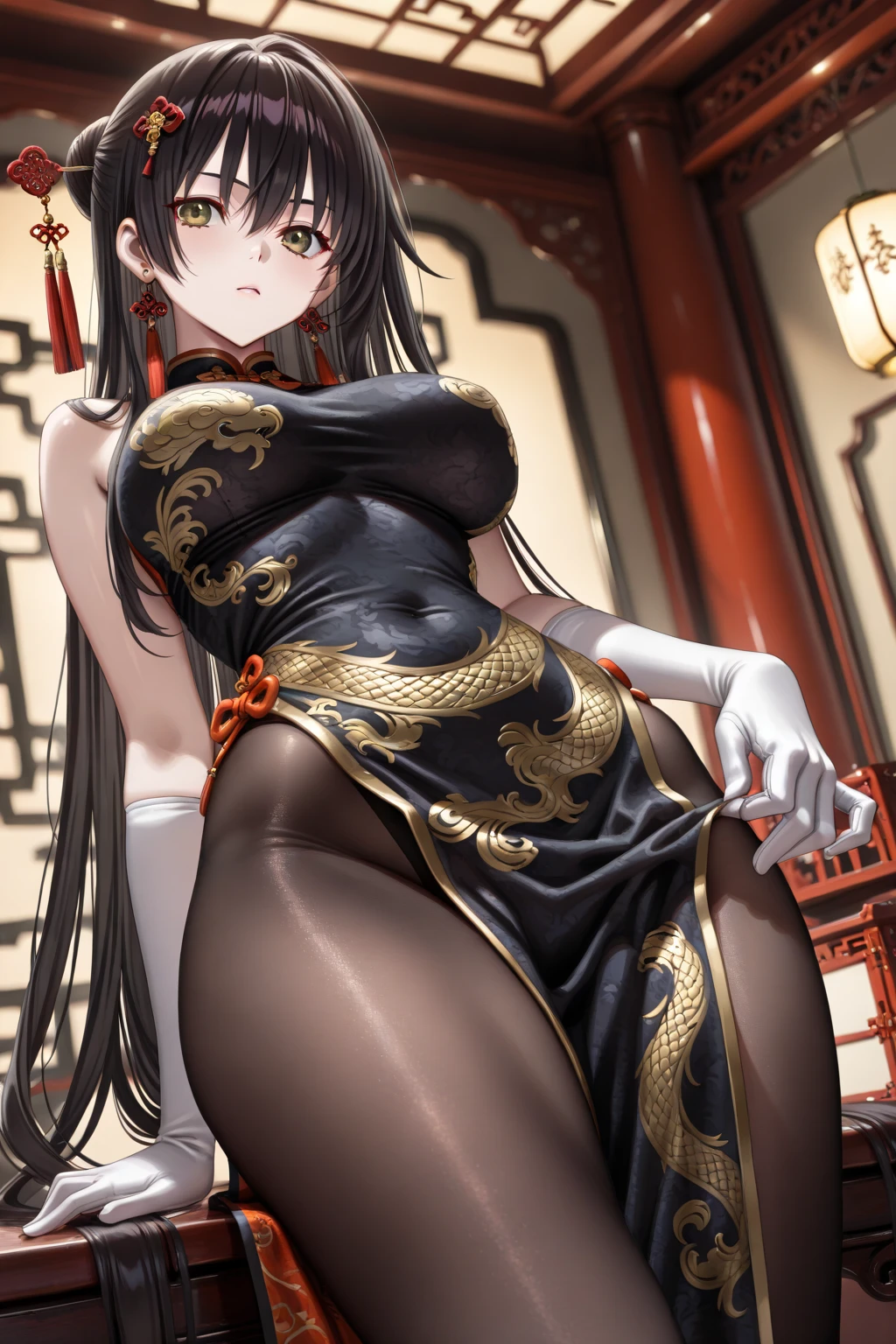 (((Masterpiece, Best Quality, Best Quality, Official Art, Beautiful and Aesthetic: 1.5))), (1 Girl: 1.3), Very Detailed, Best Detailed, Black Hair, ((((China Clothes: 1.5)))), (Shiny Skin), (Many Colors: 1.4), (Big)))), Big Breasts, Light Areola
