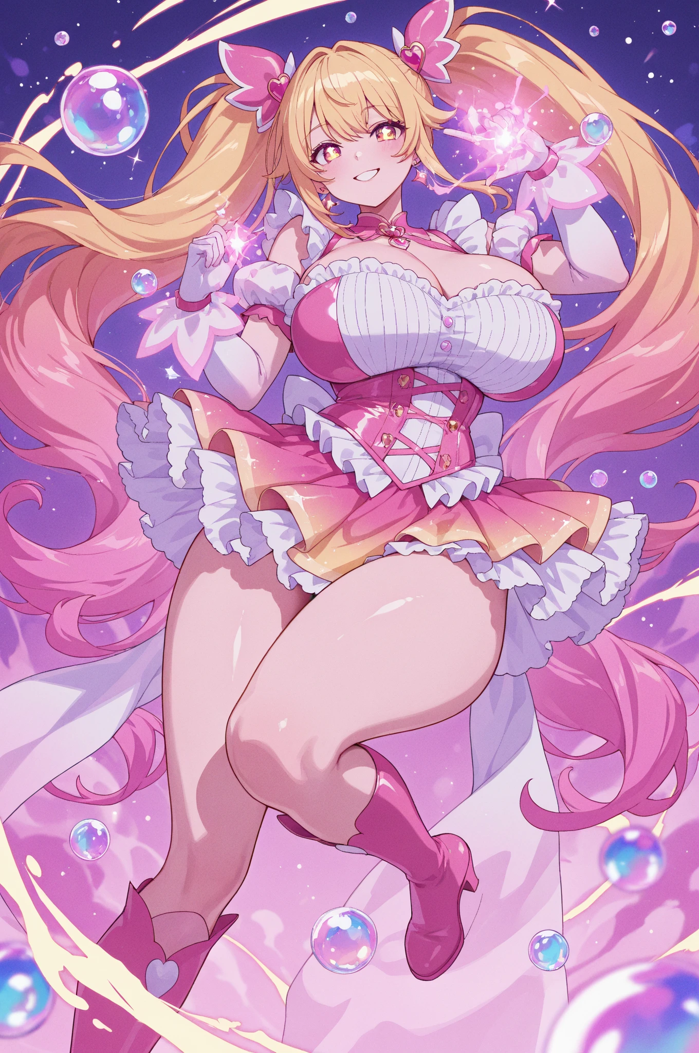 (masterpiece), best quality, expressive eyes, perfect face, Sexy female, (((bimbo))), blonde hair, green eyes, huge fake breasts, huge butt, full body, (1girl), (fabulous pink dress), gold bracelets, pink choker, gold hoop earrings, pink high heels, (pink bedroom background), plump lips, pink lipstick, spoiled, smartphone, makeup, spoiled rotten, sex toy