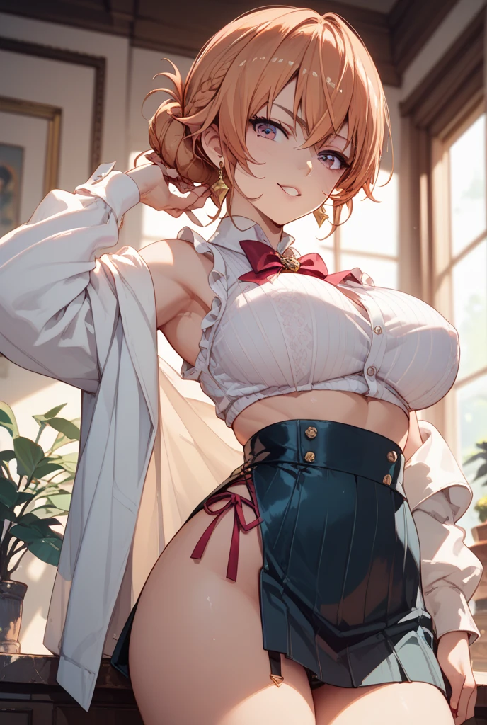 Table, Beautiful woman, Dark Skin, Japanese, Underbust, piercings, Clipping-fc, Large Breasts, Bright blonde hair, Curly pigtails, classroom, japanese uniform, big breast
