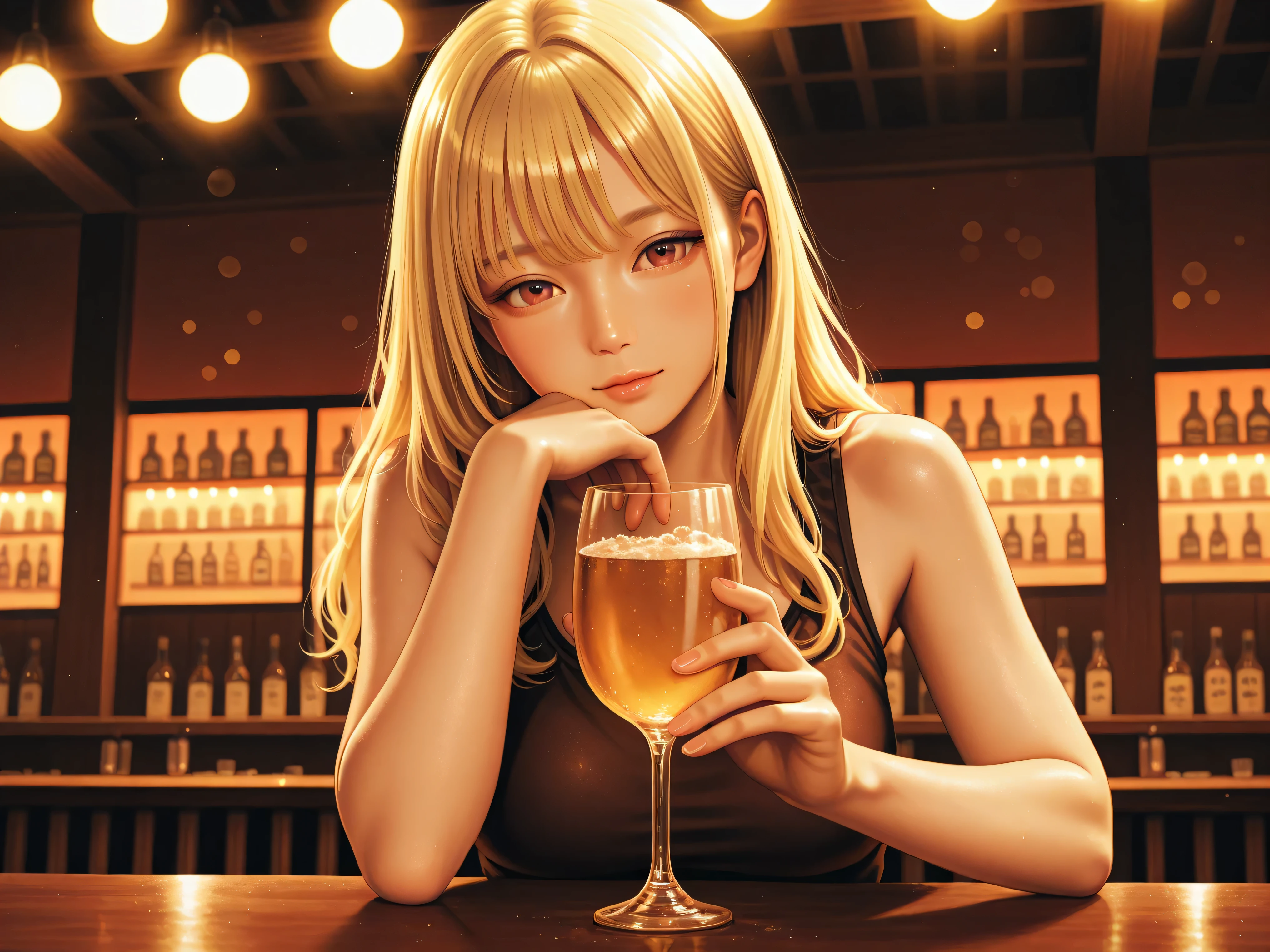 Beautiful Blonde Woman Posing at Gym,Drinking alcohol under the interior lights of an izakaya,vibrant atmosphere,Precise Details,realistic depiction,4K high definition,They hold a glass under the tone-mapped,Bokeh Lights,warm color,Delicate brushwork,sophisticated composition,Indoor scene,The graceful posture of the figures,natural expression,Vivid Textures