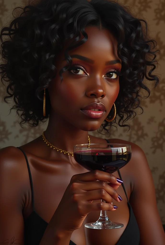 there is a black woman , the woman has curly black curly, she has dark skin, with dark brownish skin, with long curly, long black curly hair she is at a fancy bar drinking a glass of wine