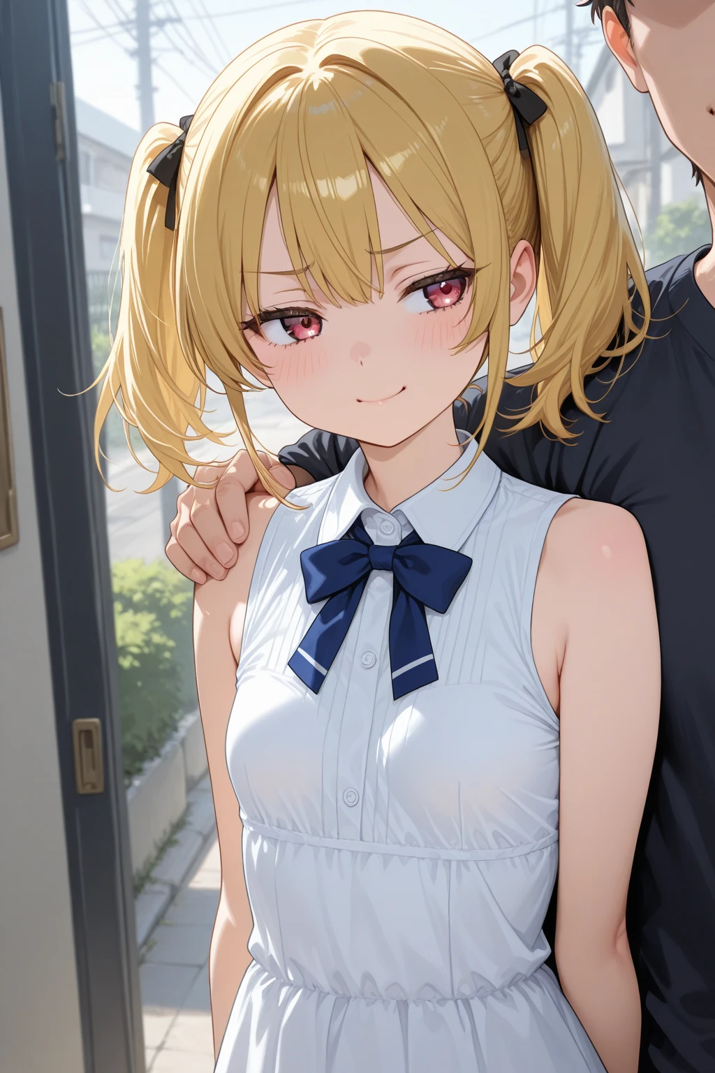highest quality、4K quality、Man Attacking、Blonde girl in a reluctant off-the-shoulder summer dress、slender、Small face、A man strokes a woman's crotch(1.6)、Man holds woman's chest(1.7)、Open your mouth(1.8)、Sticking out tongue(1.8)、Tears(1.7)、