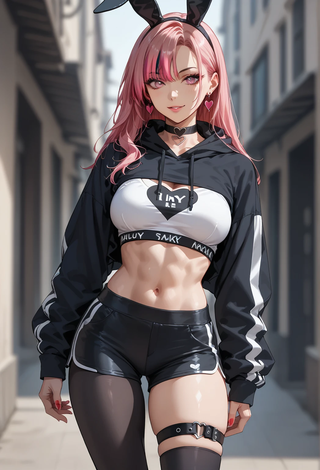 (masterpiece, best quality, 1girl, solo, intricate details, chromatic aberration), realistic, ((medium breath)),long hair, pink hair, red head ornament, pink highlights, hair over one eye,purple eyes, earrings, sharp eyes, choker, neon shirt, open jacket, crop top, (symmetry eyes),(perfect symmetrical body),against wall, brick wall, graffiti, dim lighting, alley ,look at viewer, woman at a gym, cute, front Pose, fitness girl, standing, erect Pose, symetrical, fitness model, skinny, Red sneakers, best qualityer, relaxed arms, hands down, ankle, fullbody view, stand straight with your back upright. Keep your shoulders back and maintain a straight line from your head to your feet.