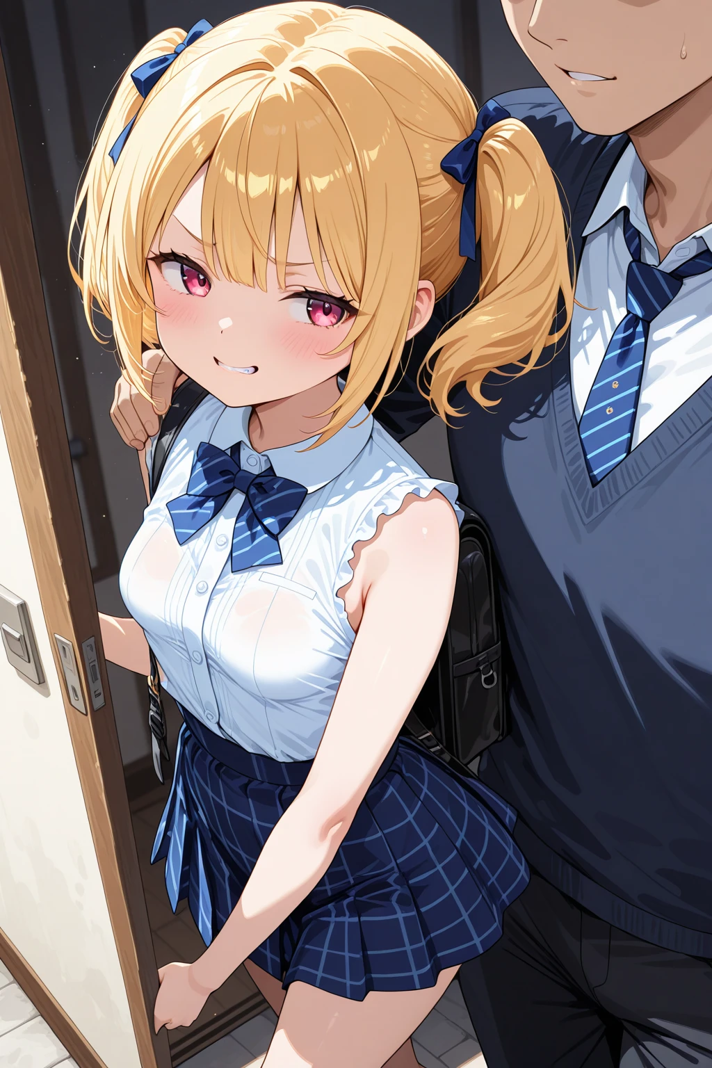 masterpiece, best quality, 1 girl, detailed beautiful face, short hair, waved hair, twintail, blonde hair, French braid, embarrassed, (sweat), ((a man grabbing her small breast from behind)), (squirting), orgasm, open mouth, drunken eyes, 10 years old, ((breast grabbing)), sigh, (white blouse), (pleated skirt), side tie panties, girl's arms up