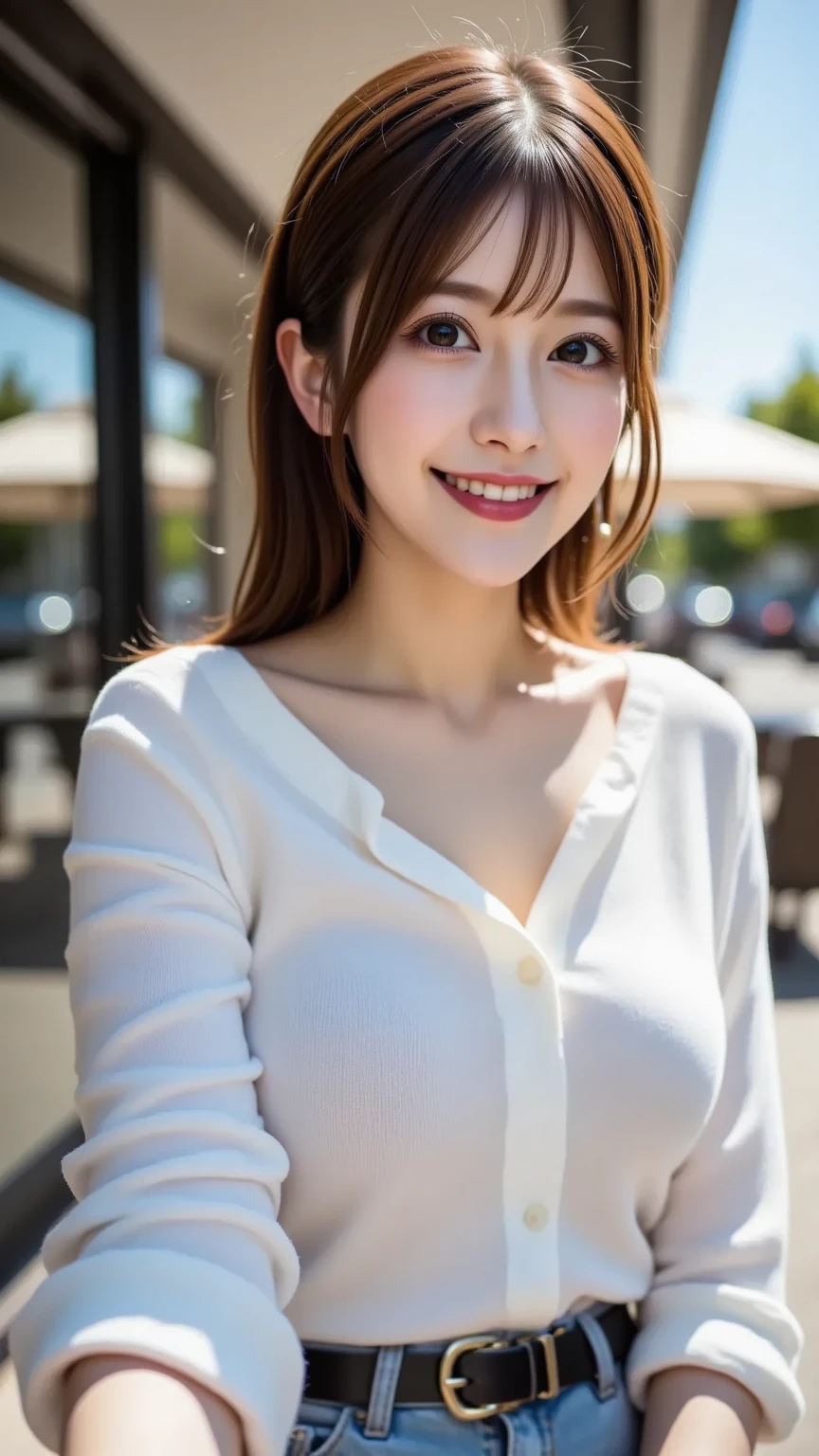 (8K、RAW photo、highest quality、masterpiece:1.2)、(realistic、Photoreal:1.37)、super detailed、超A high resolution、1 girl、see the beholder、beautiful and detailed face、A smile that shows some teeth、narrow、(slim waist) :1.3)、((wearing a cardigan))、pastel colored clothes、Beautiful and smooth skin、skin texture、floating hair、((length))、good shape big breasts、professional lighting、In front of the station at noon、human body as a whole、((Please bring a small backpack))、