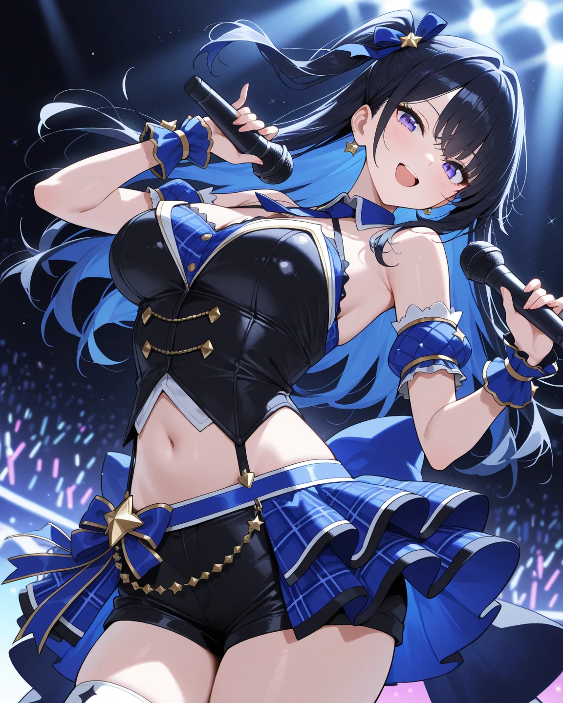 (masterpiece:1.2), (pale skin:1.2), (8k:1.2), (solo:1.2), (female:1.1), (emphasis lines:1.3), black hair, blue eyes, mini bra, bare shoulders, bracelets, armbands, gloves, (collarbone:1.1), skirts, thighhighs, (indoor:1.3), choker, (punk rock:1.2), (on stage:1.1), smile, (performing:1.2)
