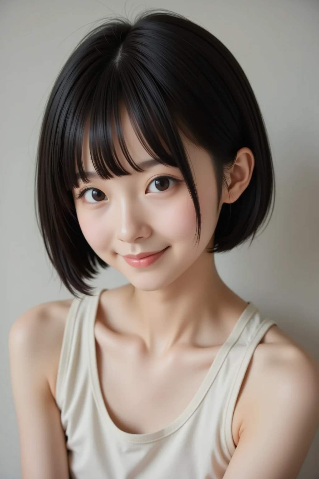 (A photo of your face:1.25), 6 years old, (Baby Face:1.4), (Round face:1.4), One Japanese woman, beautiful girl, Pretty face, (View your viewers), (Standing facing the camera), (smile), (Beige tank top)、(Pure white background:1.2)
