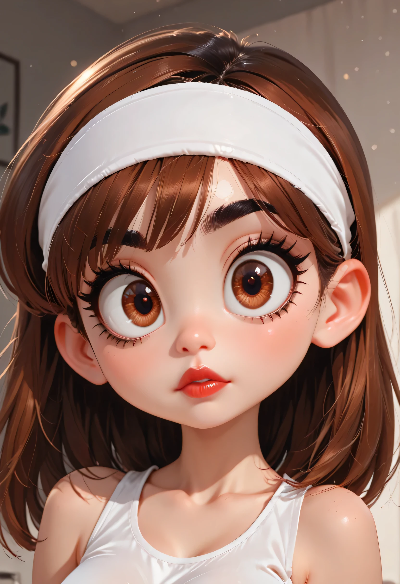 perfect face, straight hair, lightest brown hair, (((white headband))), black eyebrows, thick eyebrows, black eyeliners, big eyes, (((brown eyes))), bright red lips, thick lips, beautiful woman, white tank top, medium breasts, (looking at viewer)