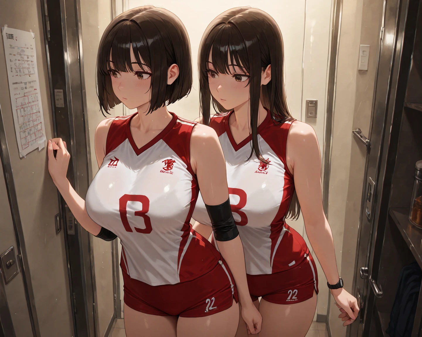 1lady solo, (looking up) from above, /(volleyball uniform/), /(dark brown hair/) bangs, blush light smile, (masterpiece best quality:1.2) delicate illustration ultra-detailed, large breasts, (show cleavage, arms up, long bang hair, sweet armpit, hot armpits) BREAK /(indoor stadium hallway/) indoors