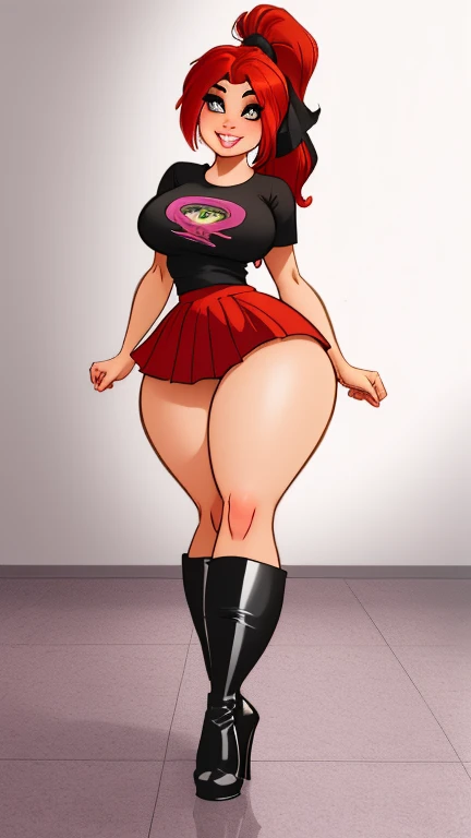 Cute Tsundere Emo Skater Girl -Long Black Hair -Very Big Juicy Butt - Fat Thighs - Large Breasts -Red Highlights on almost entirely Black -FULL BODY FRONT VIEW