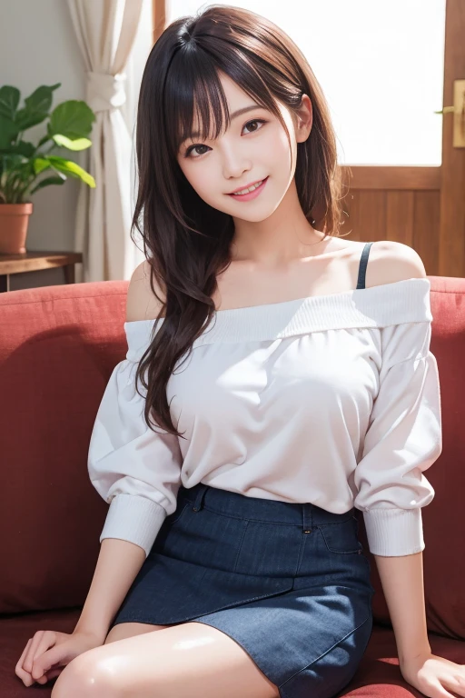 (8K、Raw photography、top-quality、​masterpiece:1.2)、high-definition RAW color photography、professional photograpy、(realisitic、photoRealstic:1.2)、1girl in、18year old、​masterpiece、realisitic、Happy smiling face、A charming smile、seducting smile、(cleavage of the breast:1.2)、(Cute shoulder off and mini skirt clothes:1.5)、Beautiful fece、Very cute、cute little、Women in Japan、female idol、round big eyes、small nostrils、Thin makeup、large round eyes、Narrow waist、 (A glimpse of panties:1.4)、Very small white panties、panties on、(panties under the skirt:1.5)、sitting in the couch、full body Esbian、taken from the under、Soft light、non nsfw、((dynamicposes)))、(camel's toe)、(half)、(panthyhose)、(Sitting on legs bending the knees))
