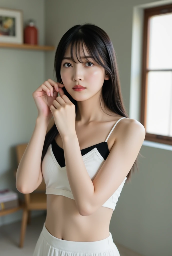 Tabletop, Highest quality, 8K, 15-year-old student, child、Raw photo, Girl in uniform in the changing room, Side view, With a slightly embarrassed look, During undressing、Wearing hair in one ear、Shiny long hair、Exposed Skin、low length、150cm、No bra、Nipples visible through the gaps in her clothes、Firm breasts、Bare Chest、Bare Chestが丸見え、White lace panties、Navy blue pleated skirt, ((Black Stockings)), Absurd,  alone,Idol Face, Biolaces, Gardenia, Delicate girl, Very cute girl、Upper Body, Digital single-lens reflex camera, Frank, Sophisticated, Zola々right, Thin arms, Professional Lighting, chromatic aberration, (Eye and facial details:1.0)、18-year-old、Chiho、Super cute、Stocking removal pose、Pale pink areola、 ((Full body in frame))