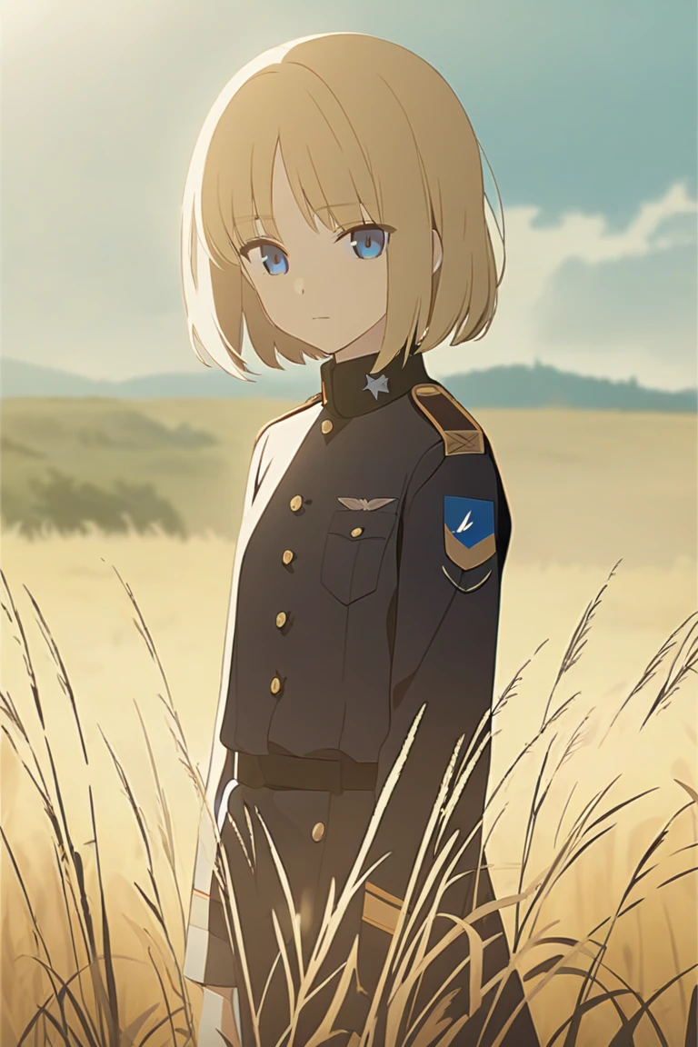 <lora:Raisa-08:0.75> Raisa , blonde hair , short hair,  military uniform , hat , no pants , boots , blue eyes , cowboy shot , white panties , sky background ,
