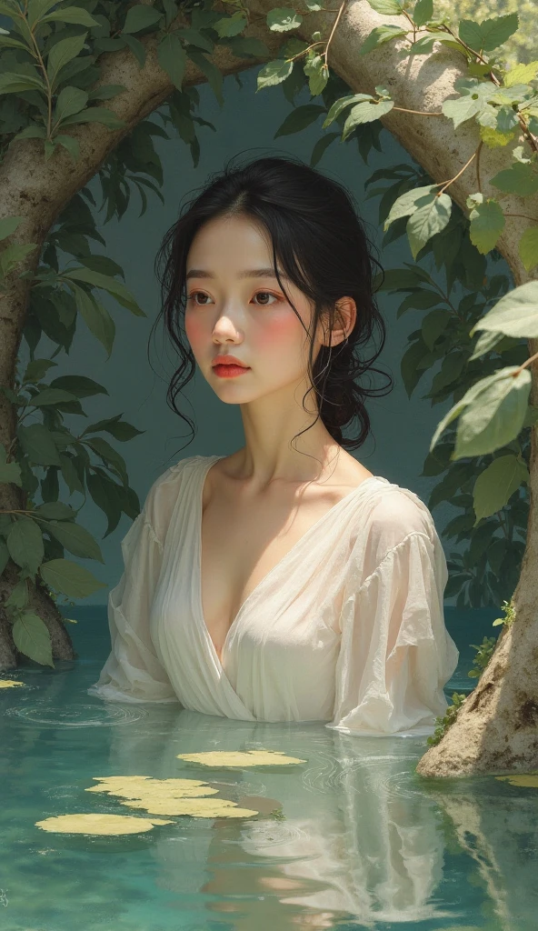 close up portrait of a cute woman (gldot) bathing in a river, reeds, (backlighting), realistic, masterpiece, highest quality, lens flare, shade, bloom, [[chromatic aberration]], by Jeremy Lipking, by Antonio J. Manzanedo, digital painting,